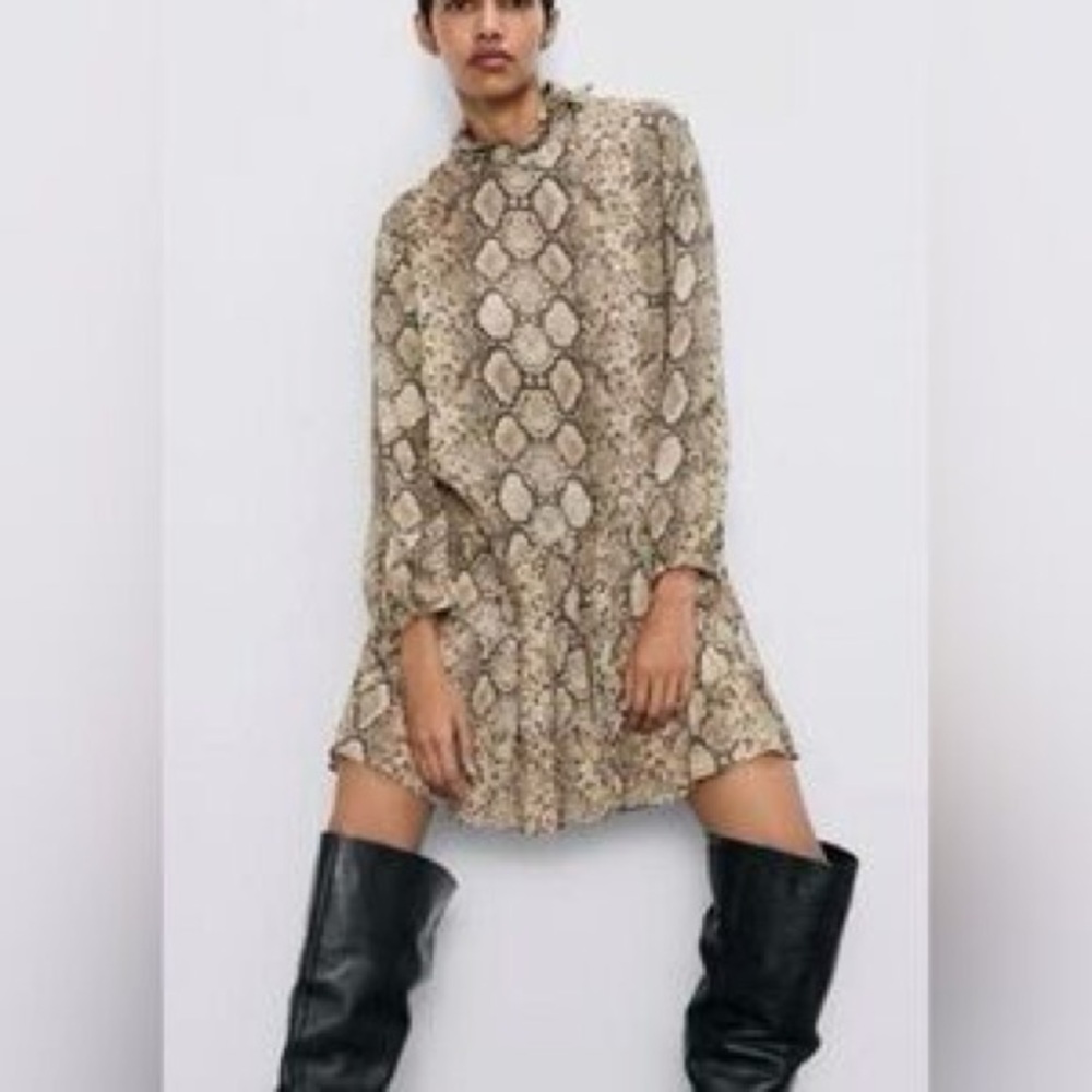 Zara Beige Snake Print Long Sleeve Dress
